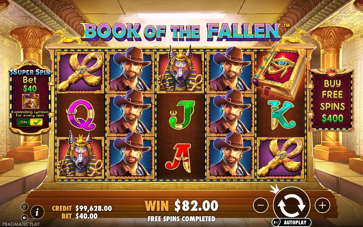 Fine dei giri gratuiti: cowboy espanso su due rulli, Super Spin attivo a $40, vincita $82.00.