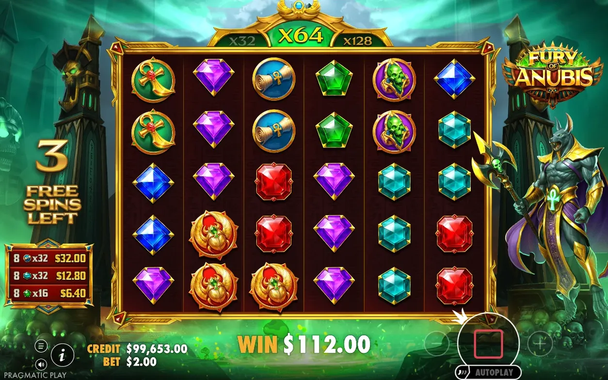Giri gratis, 3 rimasti, moltiplicatore x64 attivo e vincita di $112.00 sulla griglia di gemme.
