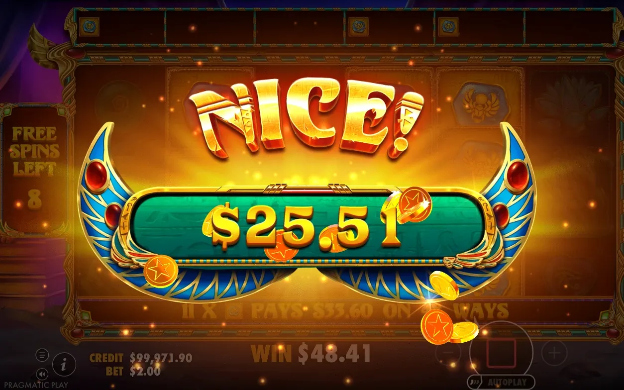 Schermata NICE! durante i free spin: vincita $25.51, totale $48.41, giri rimasti 8