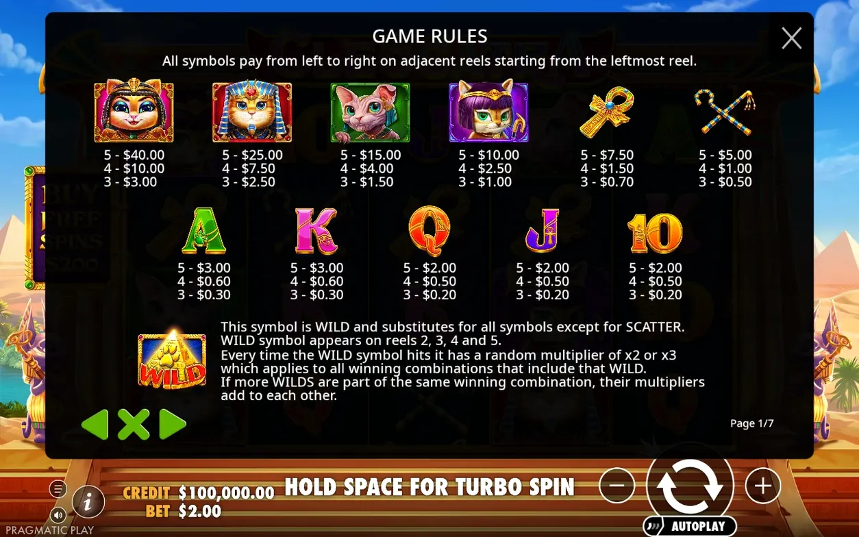 Popup regole di gioco pagina 1/7 con simboli alti e relative vincite per 5-4-3 uguali