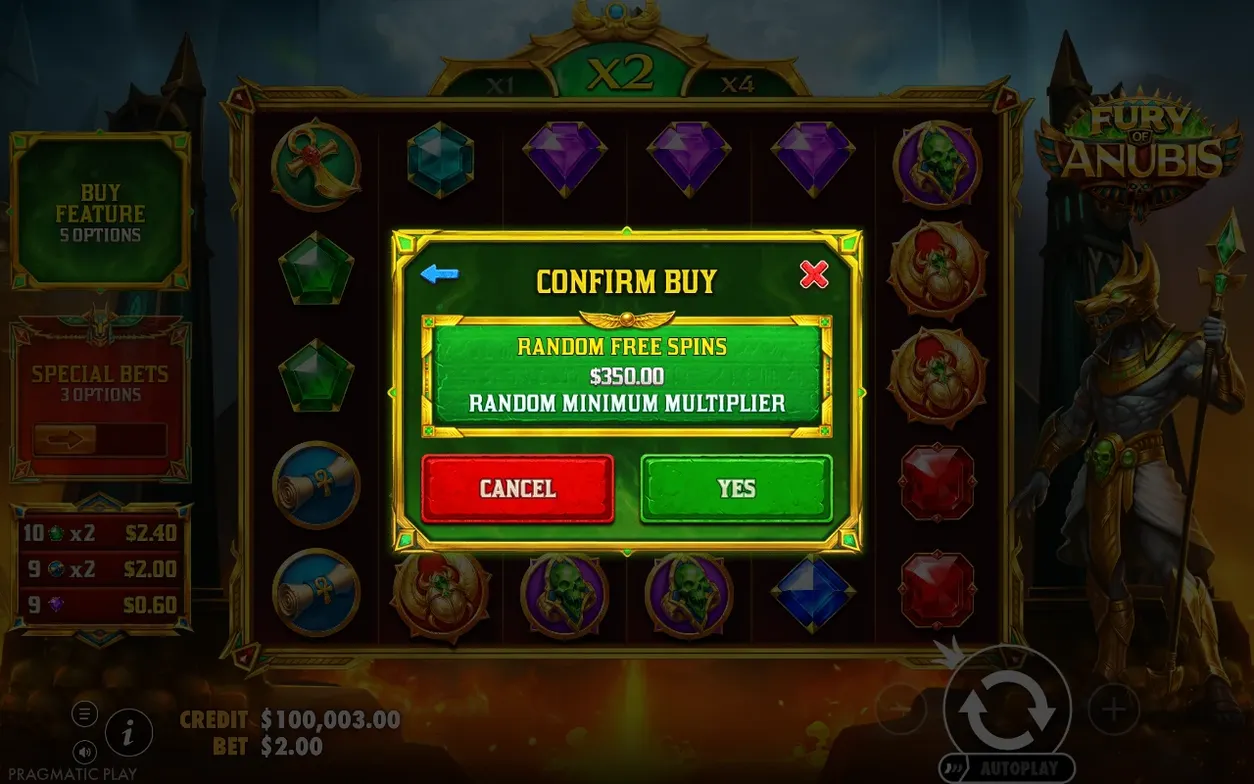 Finestra di conferma acquisto: Random Free Spins a $350.00, moltiplicatore minimo casuale, pulsanti Annulla e Sì.