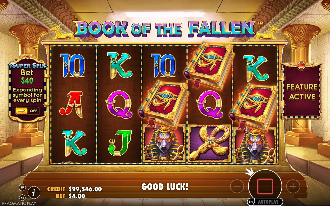 Funzione Buy Free Spins attiva con messaggio Good Luck!, credito $99.546,00, puntata $4.00.